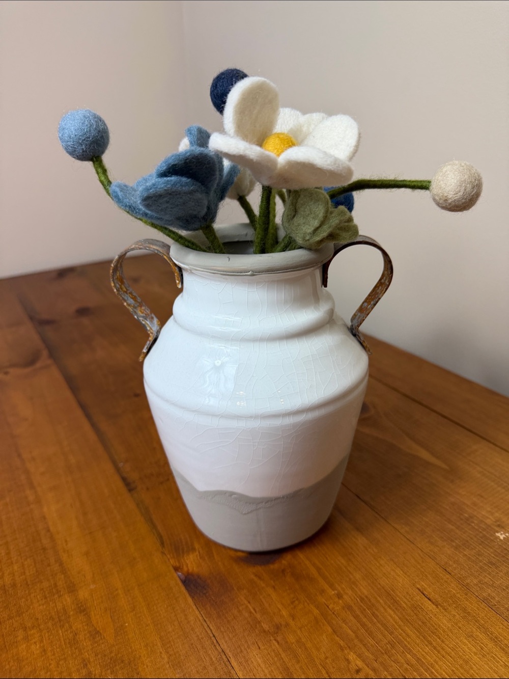 Fair-trade Certified Handmade Wool Flowers | Decorative White Ceramic Vase | NWT
